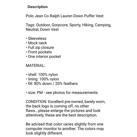 Polo Jean Co Ralph Lauren Down Puffer Vest  Size MP  Black Outdoor Gorpcore - Picture 12 of 12